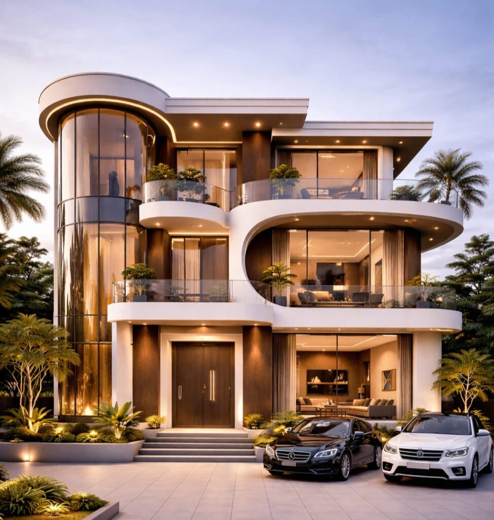 Modern luxury villa with curved balconies, large glass windows, warm LED lighting, and premium exterior design with greenery and parked cars in front.