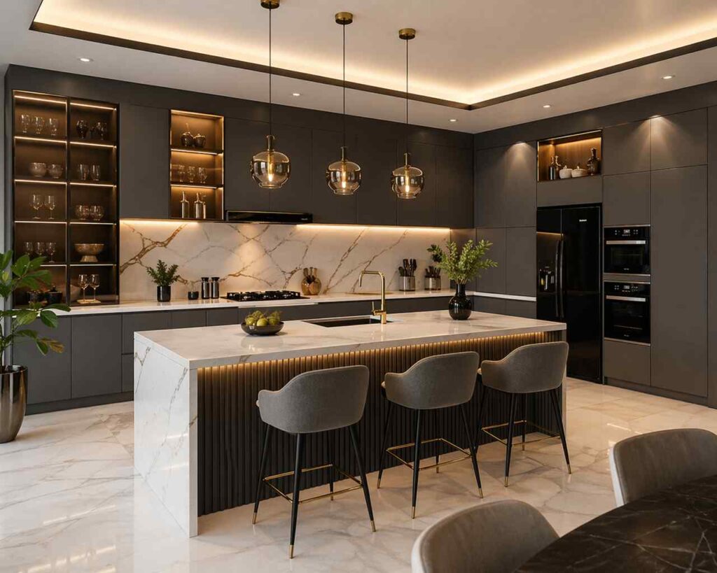 Modern luxury kitchen interior with dark matte cabinets, white marble island, warm LED lighting, elegant pendant lights, and premium contemporary décor.