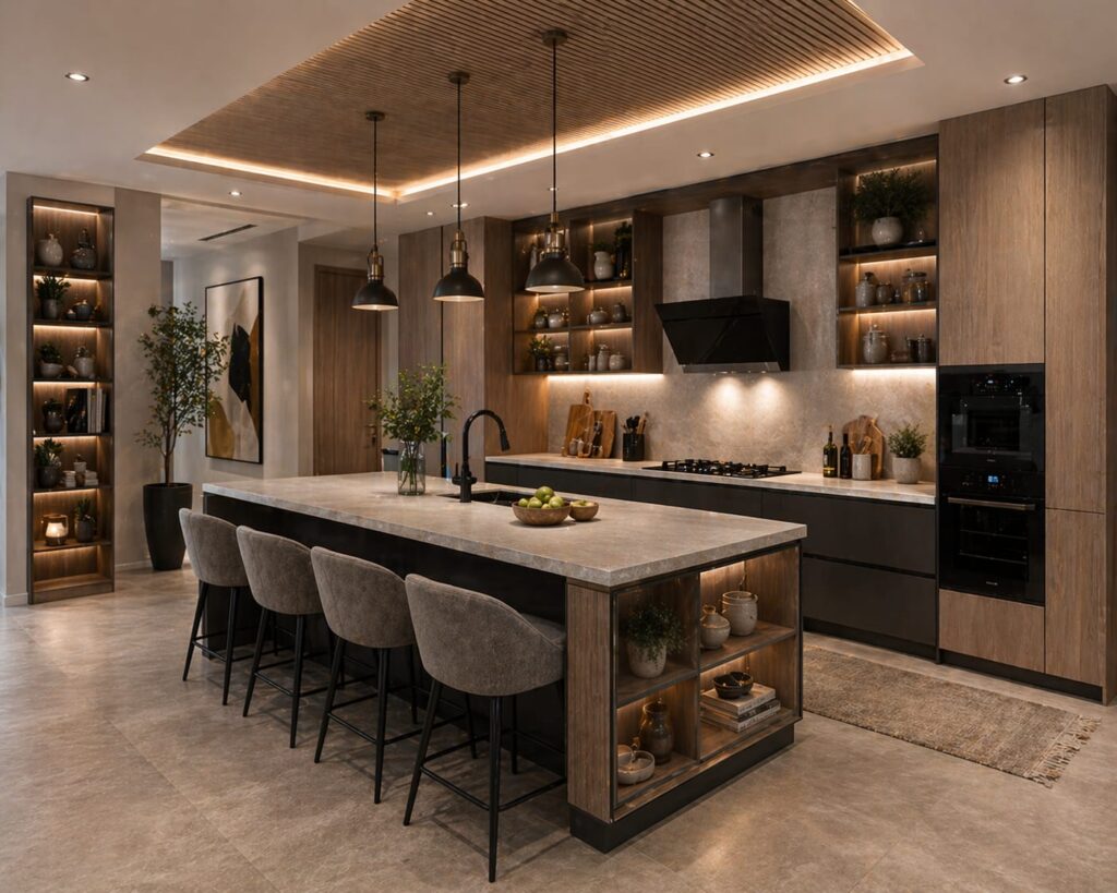 Modern luxury kitchen interior with wooden cabinets, marble island, pendant lights, warm LED lighting, stylish seating, and elegant contemporary décor.