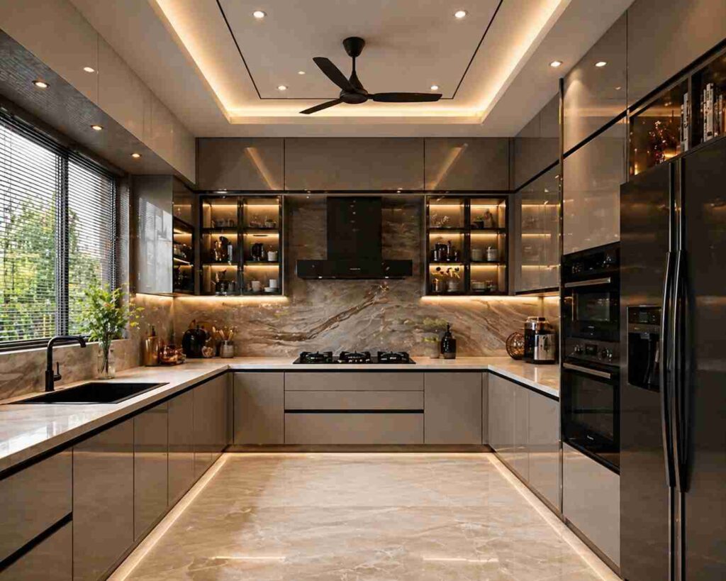 Modern U-shaped luxury kitchen interior with glossy cabinets, marble backsplash, warm LED lighting, built-in appliances, and elegant contemporary décor.
