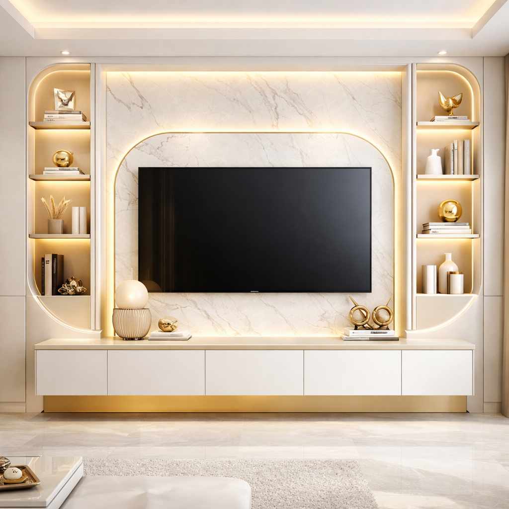 Modern white TV wall panel design with marble backdrop, warm LED lighting, curved decorative shelves, floating cabinet unit, and elegant contemporary living room décor.