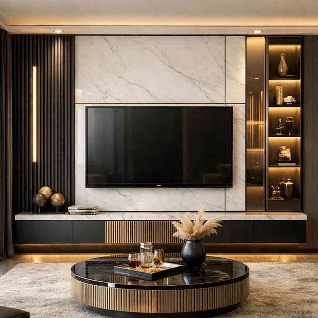 Modern black luxury TV wall panel design with marble backdrop, warm LED lighting, floating cabinet unit, decorative display shelves, and elegant contemporary living room décor.