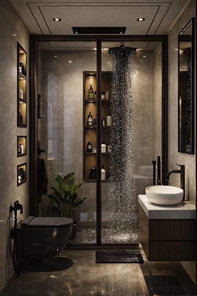 Modern luxury small bathroom interior with glass shower cabin, matte black fittings, floating vanity, ambient lighting, and elegant dark theme decor.
