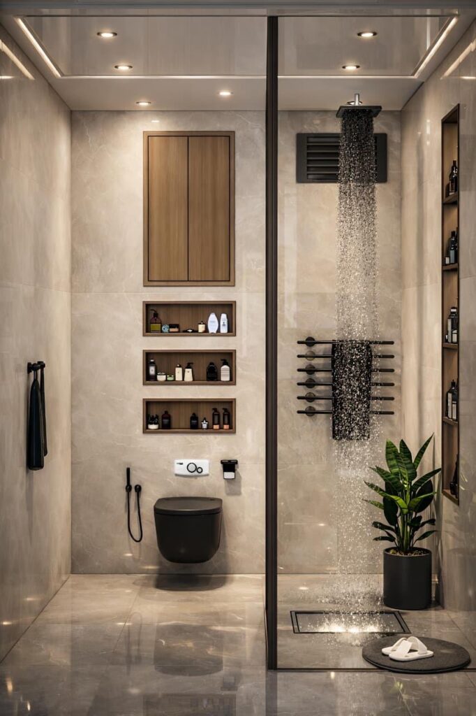 Modern luxury bathroom interior with walk-in glass shower, matte black fittings, built-in wooden shelves, soft lighting, and elegant contemporary decor.