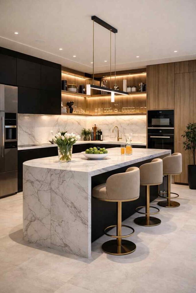 Modern luxury kitchen interior with marble island design, wooden cabinets, warm LED lighting, stylish bar stools, and contemporary modular kitchen layout.