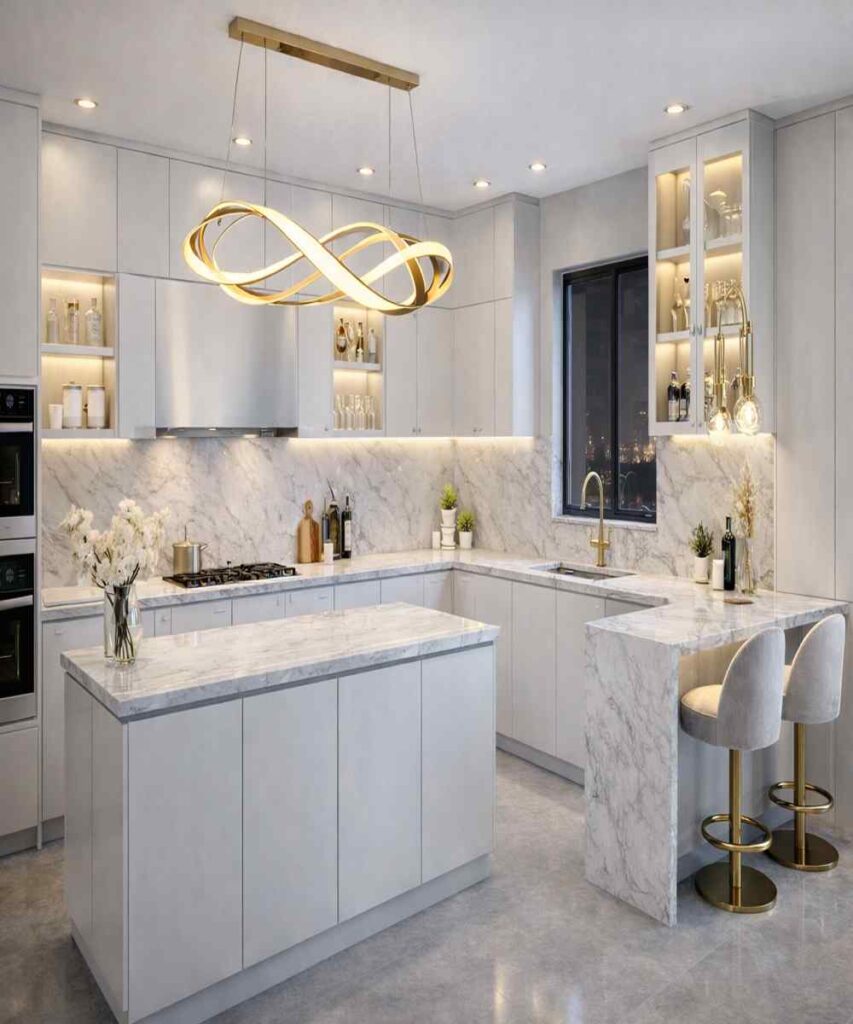 Elegant white marble modular kitchen interior with modern pendant lighting, sleek white cabinets, luxury island counter, and stylish contemporary design.