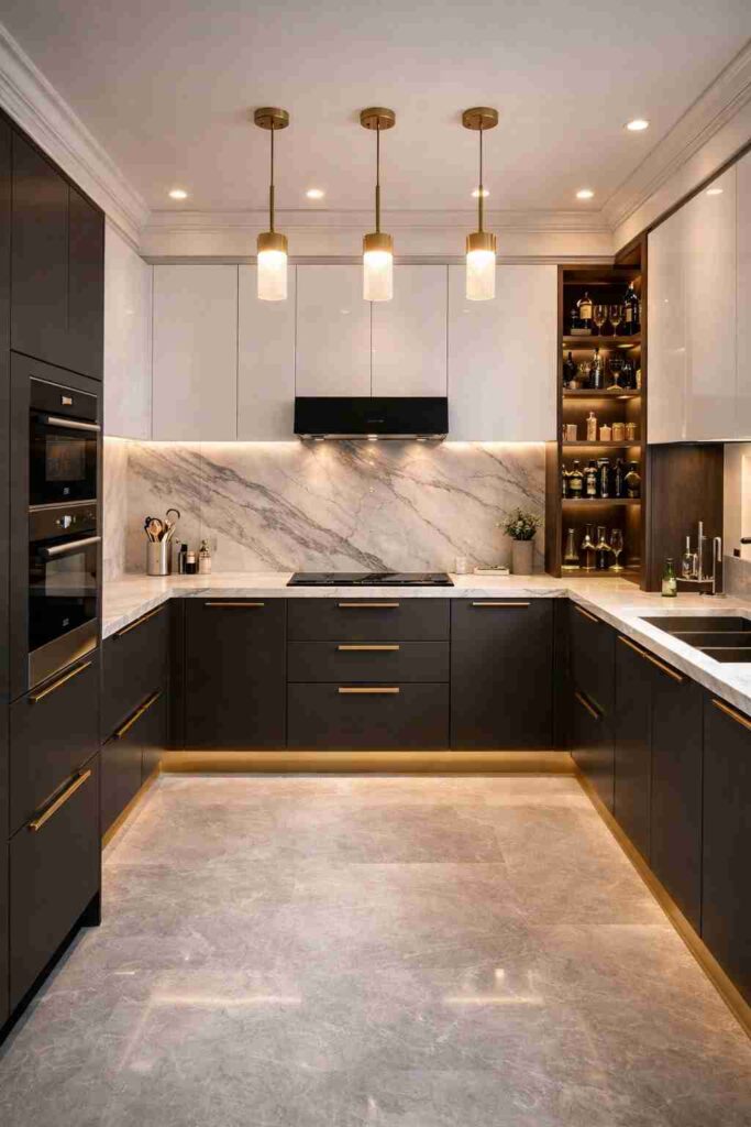 Modern black and white modular kitchen interior with marble backsplash, warm LED lighting, pendant lights, sleek cabinets, and luxury contemporary design.