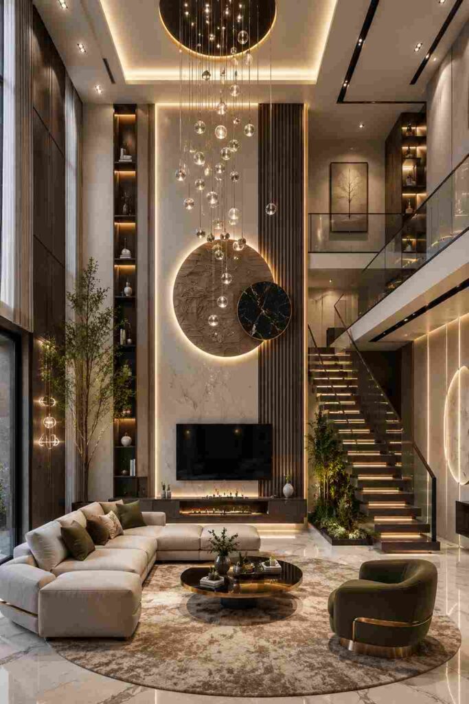 Modern double height luxury living room interior with floating staircase, designer chandelier lighting, wooden wall panels, marble flooring, ambient LED lights, and elegant contemporary furniture.