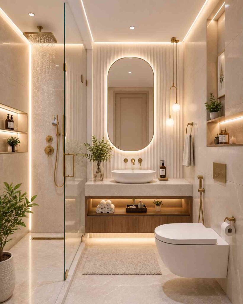 Modern minimalist luxury bathroom interior with glass shower enclosure, floating vanity, backlit mirror, warm LED lighting, beige tiles, and elegant gold bathroom fittings.