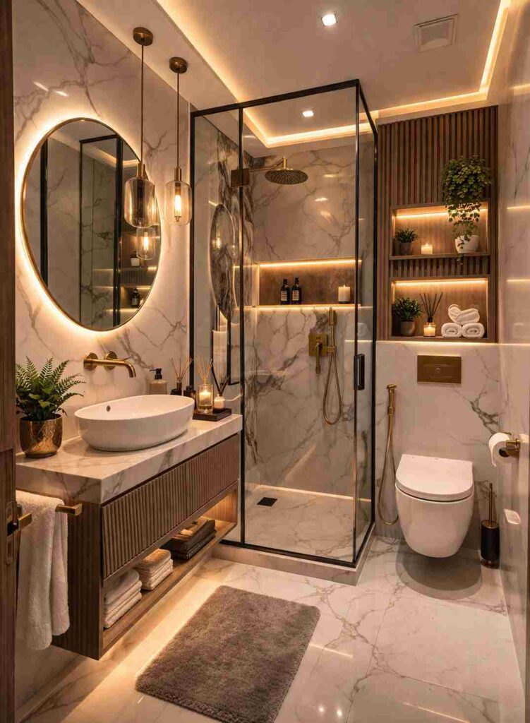 Modern luxury bathroom interior design with marble walls, glass shower cabin, floating vanity, warm LED lighting, round mirror, and premium contemporary decor.