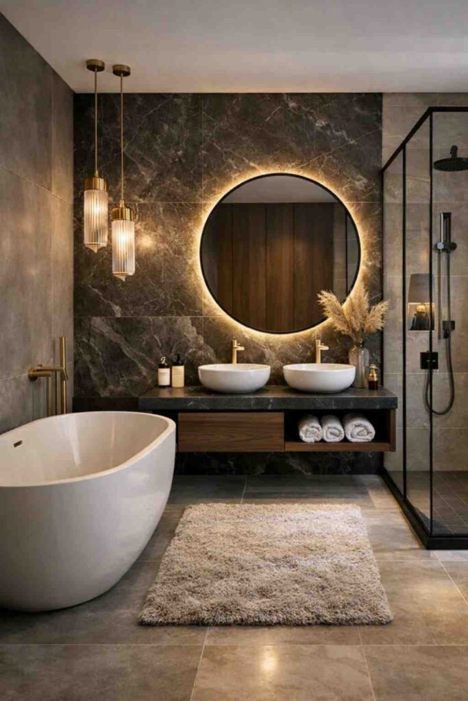 Modern dark luxury bathroom interior with freestanding bathtub, round LED mirror, dual sinks, marble wall tiles, glass shower enclosure, and warm ambient lighting.