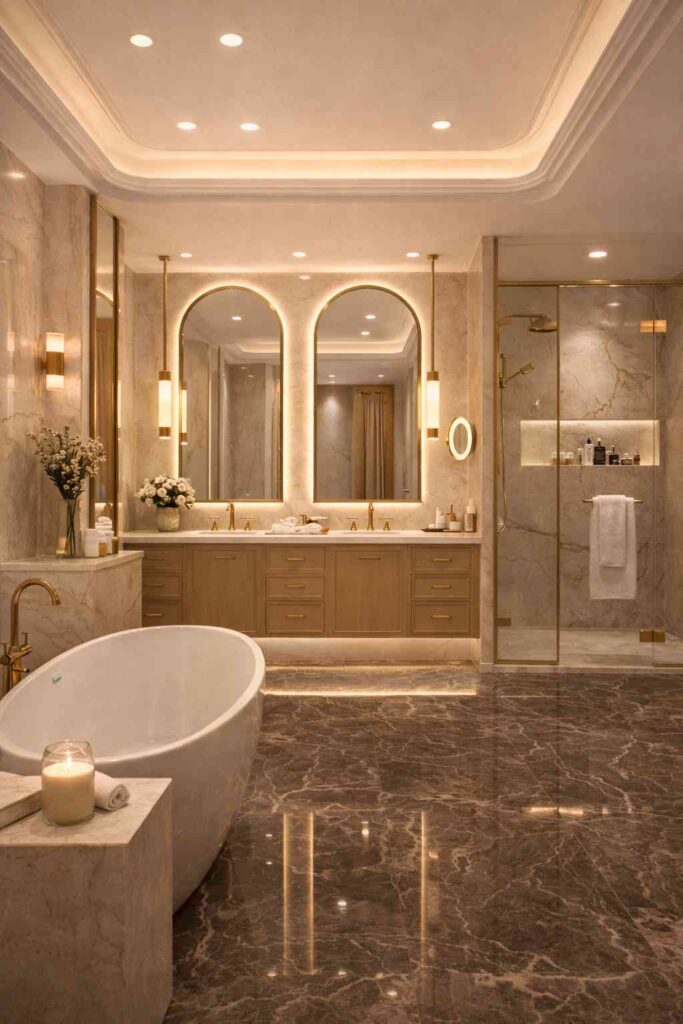 Elegant luxury bathroom interior with freestanding bathtub, glowing arched mirrors, marble flooring, glass shower enclosure, warm LED lighting, and modern vanity design.