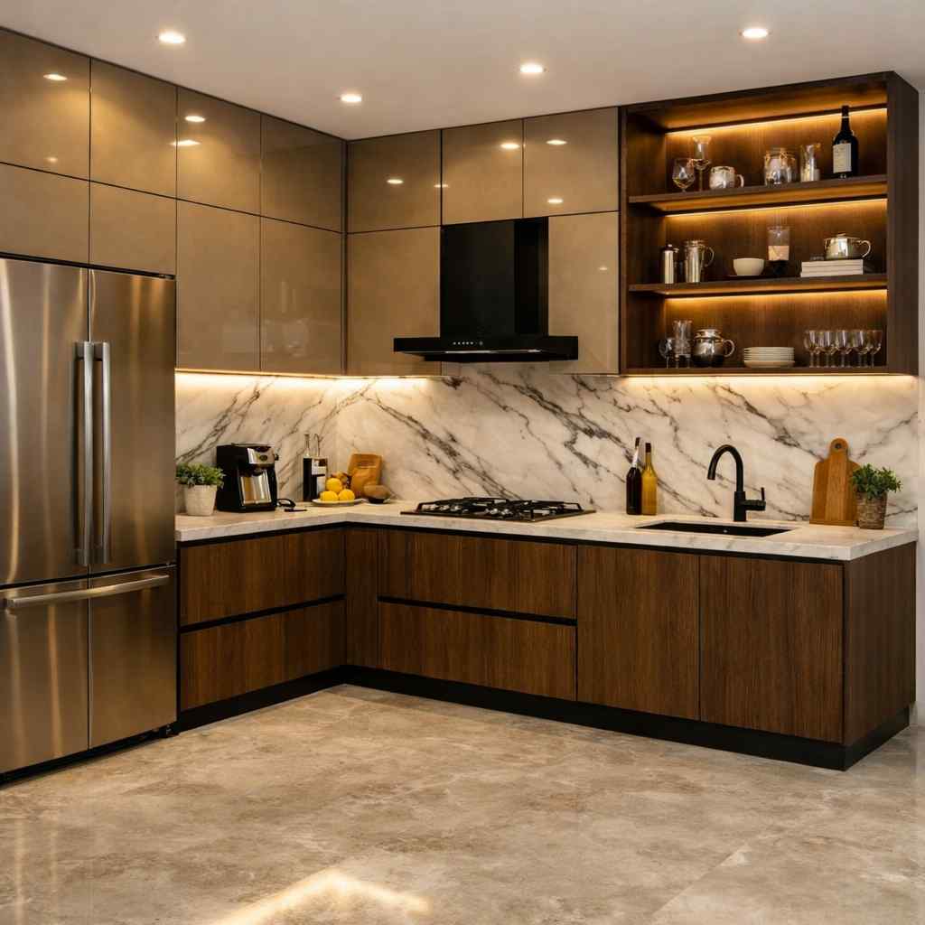 Modern ultra luxury kitchen interior with marble island, LED ceiling lighting, elegant display cabinets, glossy flooring, stylish bar stools, and contemporary premium decor.