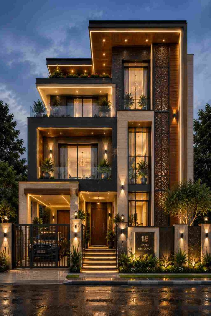 Modern luxury house exterior design with LED facade lighting, stylish balconies, large glass windows, premium architectural detailing, and elegant contemporary villa elevation.