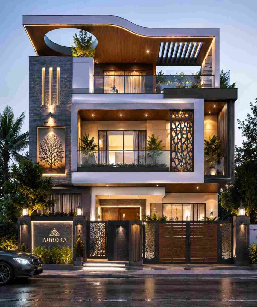 Modern luxury villa exterior design with LED lighting, stylish balconies, wooden ceiling accents, geometric facade elements, and elegant contemporary house elevation.
