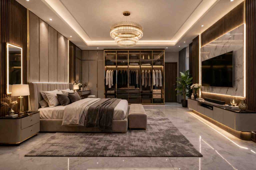 Luxury master bedroom interior with ambient LED lighting, elegant chandelier, marble flooring, modern wardrobe, stylish TV wall, and premium contemporary decor.