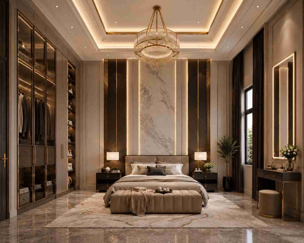 Luxury double height bedroom interior with marble accent wall, designer chandelier, floor-to-ceiling wardrobe, ambient LED lighting, and elegant modern decor.