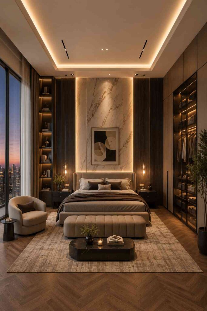 Luxury modern bedroom interior with ambient LED lighting, marble accent wall, wooden flooring, stylish wardrobe, cozy seating area, and elegant contemporary decor.