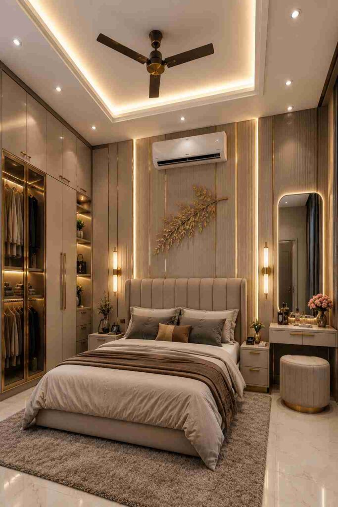 Elegant compact luxury bedroom with beige interior theme, modern wardrobe design, ambient LED ceiling lights, vanity setup, upholstered bed, and contemporary decor.