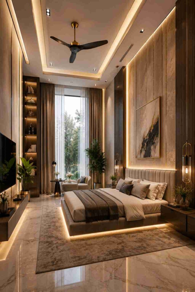 Modern double height luxury bedroom with floor-to-ceiling wall panels, ambient LED lighting, marble flooring, large window design, platform bed, and elegant contemporary decor.