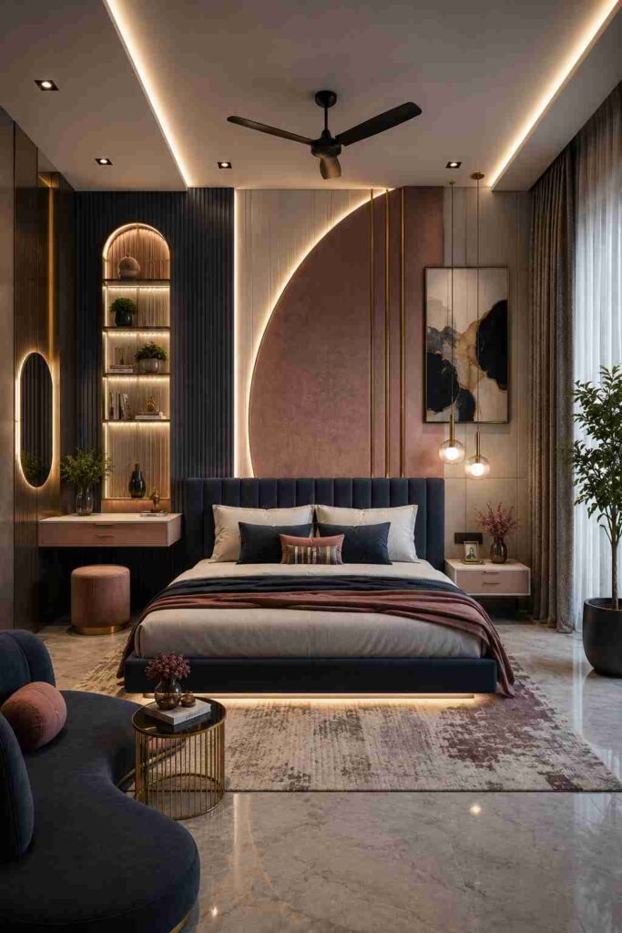 Modern luxury bedroom interior with curved accent wall, ambient LED lighting, navy upholstered bed, pendant lights, marble flooring, and contemporary artistic decor.