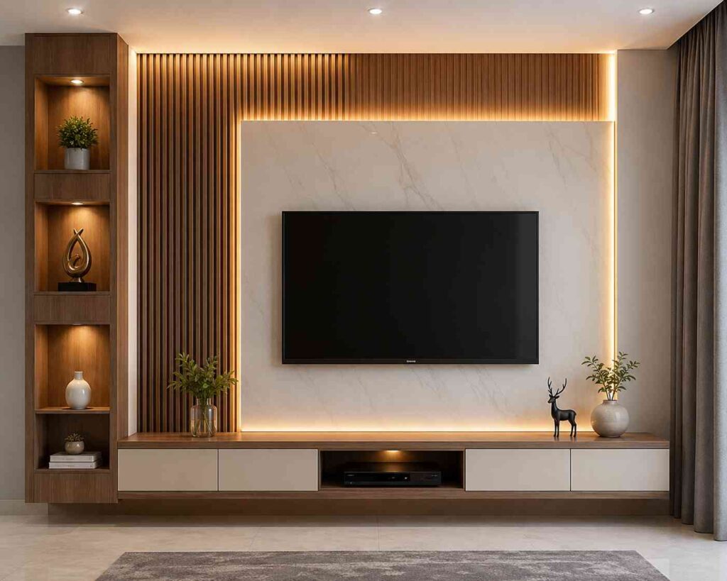 Modern luxury TV unit with wooden slat wall panels, marble backdrop, warm LED lighting, floating storage cabinet, and decorative display shelves in a contemporary living room.