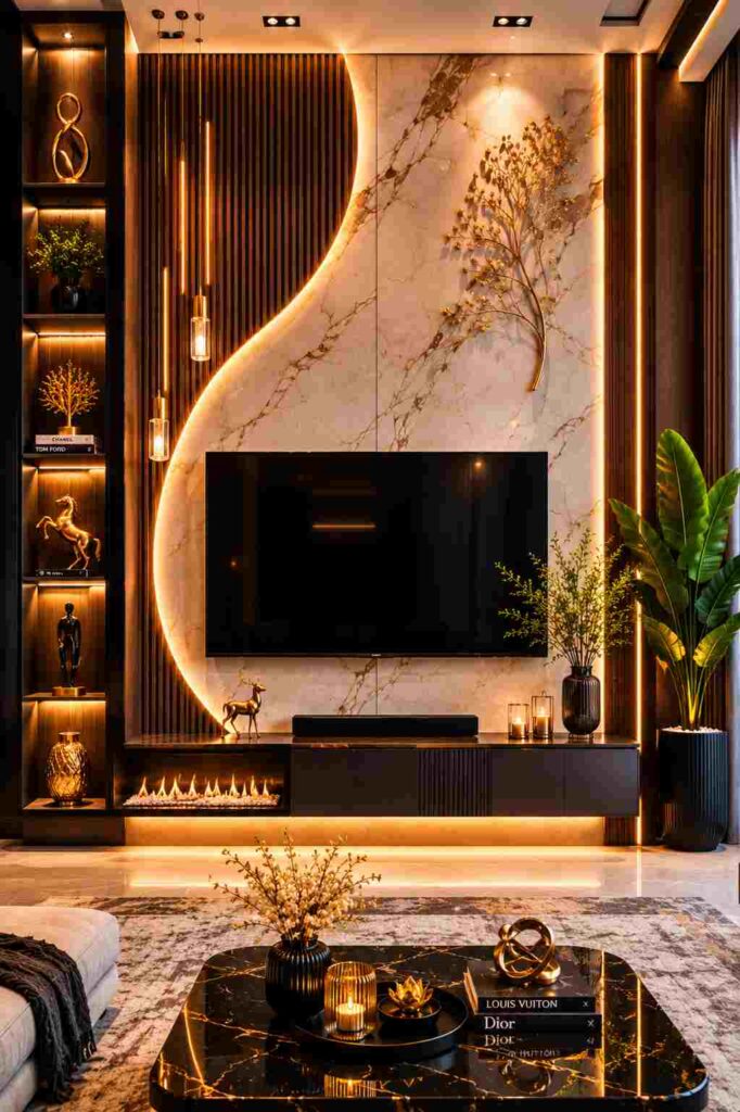 Ultra-modern luxury TV wall unit with marble panel, curved LED lighting, wooden slat design, floating TV cabinet, decorative shelves, and warm ambient lighting in a stylish living room.