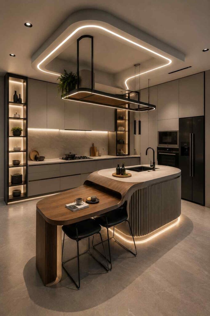 Modern luxury kitchen interior with a curved island counter, integrated wooden dining table, LED ceiling lighting, minimalist cabinets, ambient shelf lighting, and contemporary décor.