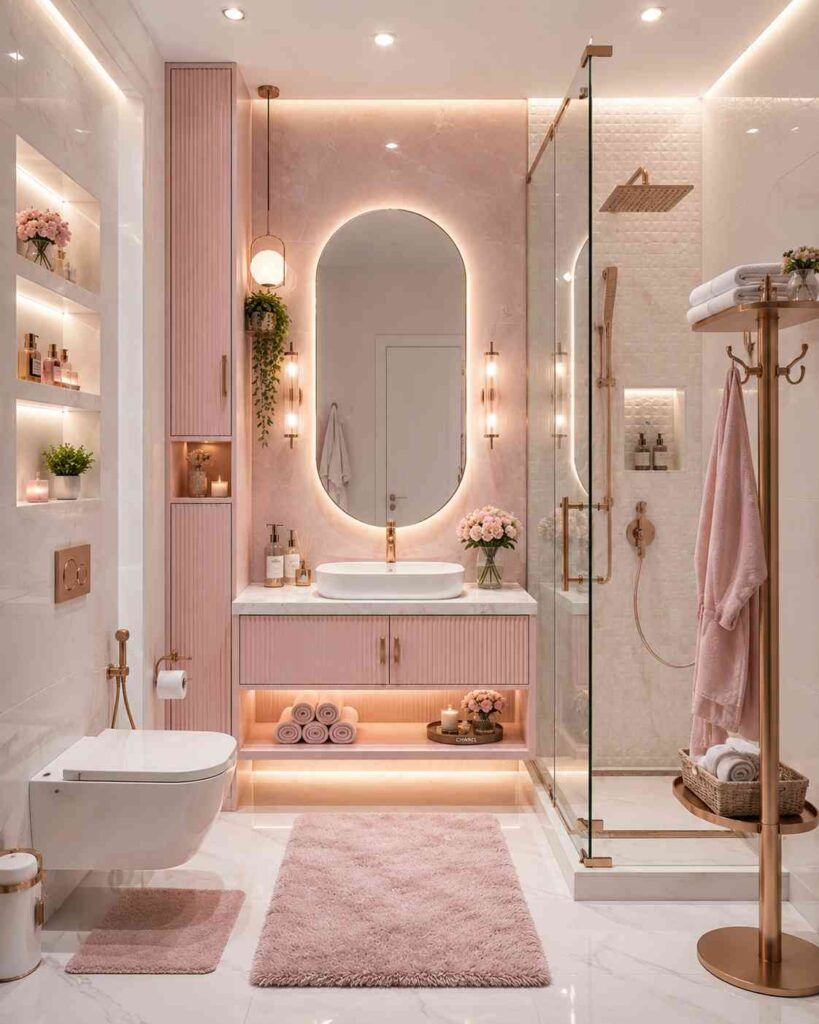 Luxury pink bathroom interior with LED-backlit oval mirror, floating vanity cabinet, glass shower enclosure, rose gold fixtures, soft ambient lighting, and modern spa-inspired décor.