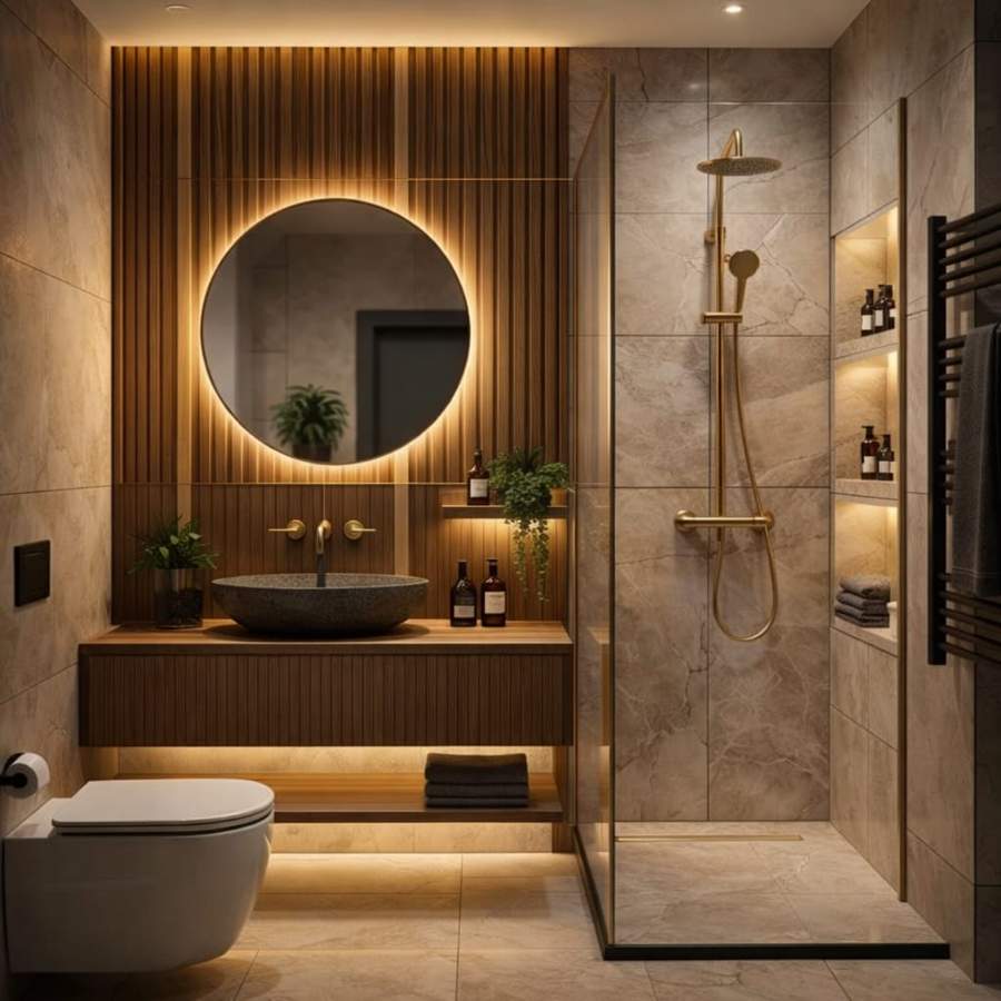 Modern luxury small bathroom interior with wooden vanity, round LED mirror, marble walls, glass shower enclosure, and warm ambient lighting.