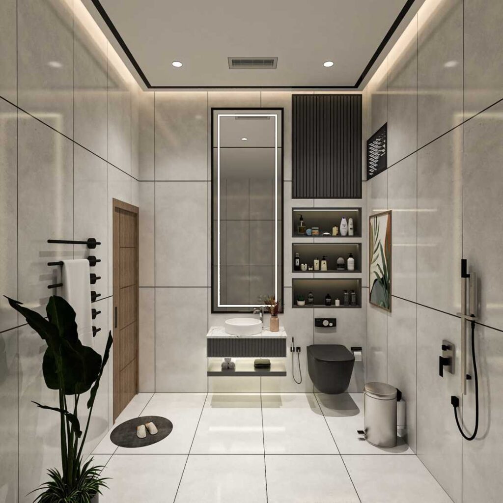 Modern luxury small bathroom interior design with floating vanity, large mirror, elegant wall tiles, black fittings, ambient lighting, and minimalist contemporary decor.
