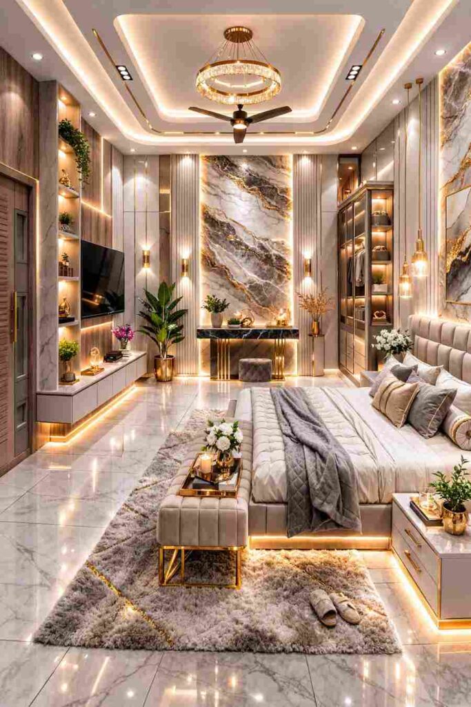 ultra luxury bedroom interior with marble wall design, warm LED lighting, modern furniture, chandelier ceiling, and premium decor
