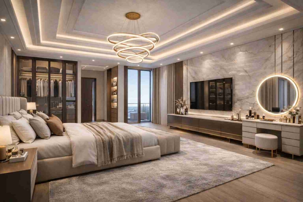 Modern luxury bedroom with LED ceiling design, marble wall, walk-in wardrobe, vanity mirror, large windows, and elegant lighting.