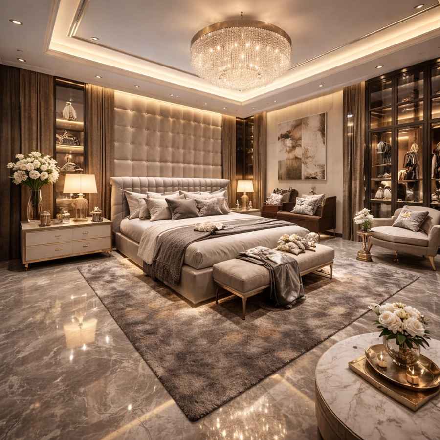 elegant luxury bedroom interior with chandelier lighting, neutral colour theme, upholstered bed, marble floor, and premium decor