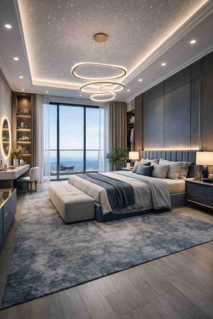 Modern luxury bedroom with LED ceiling, starry lighting design, large glass window view, stylish bed, and elegant interior lighting.