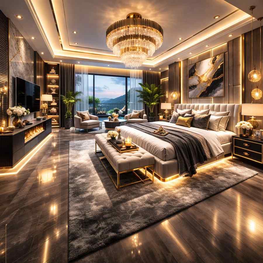 modern royal luxury bedroom with chandelier lighting, ambient LED design, stylish furniture, balcony view, and premium interior decor