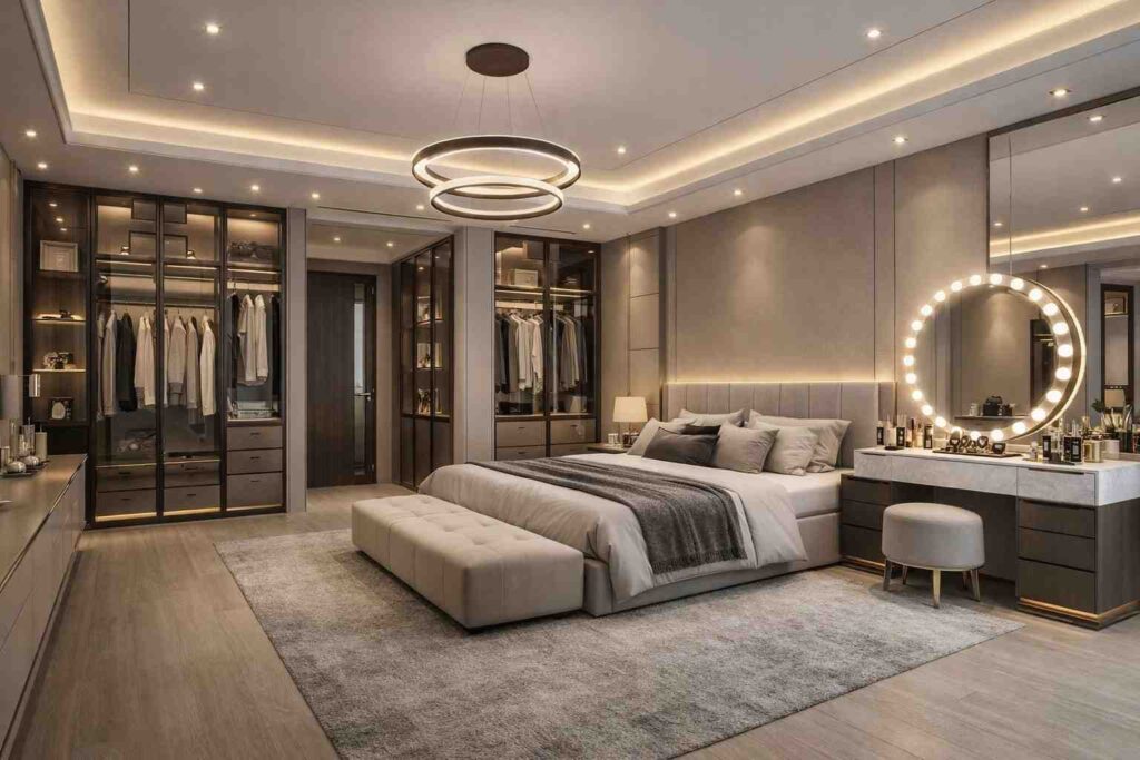 Modern luxury bedroom with LED ceiling, walk-in closet, vanity mirror with lights, stylish bed, and warm ambient lighting.