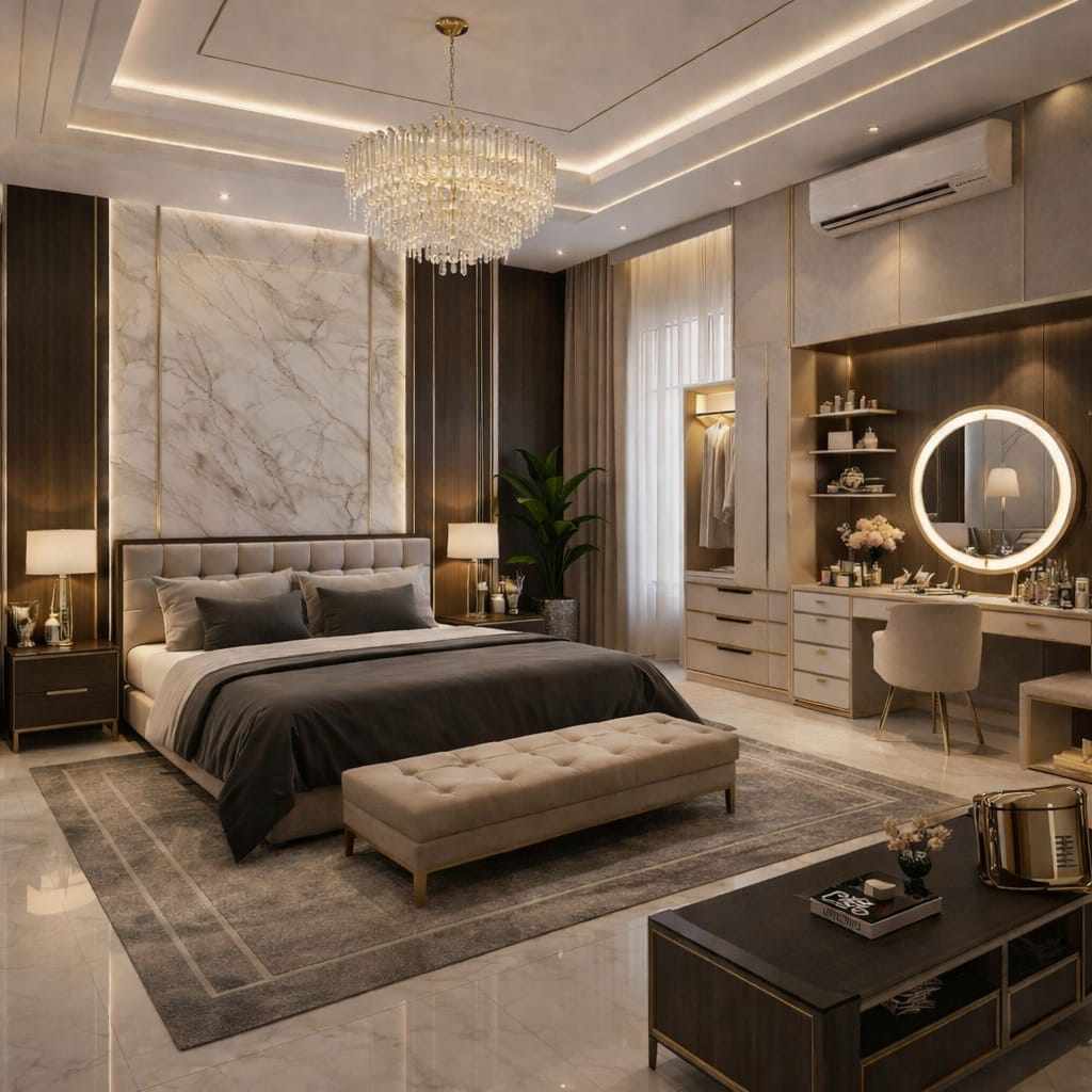 Luxury bedroom with marble wall design, crystal chandelier, vanity mirror, modern bed, and warm ambient lighting.