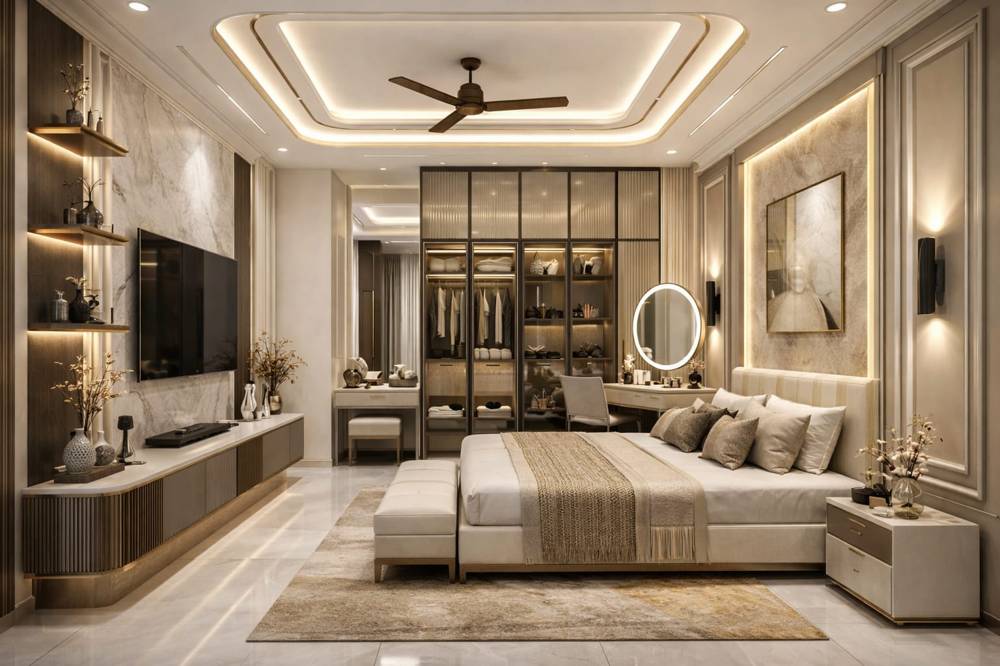 modern minimal luxury bedroom with wardrobe design, LED ceiling lighting, dressing area, neutral theme, and elegant interior decor