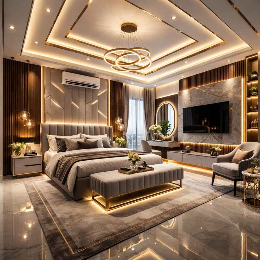 modern luxury bedroom with LED ceiling design, wooden panel walls, stylish bed, ambient lighting, and premium interior decor