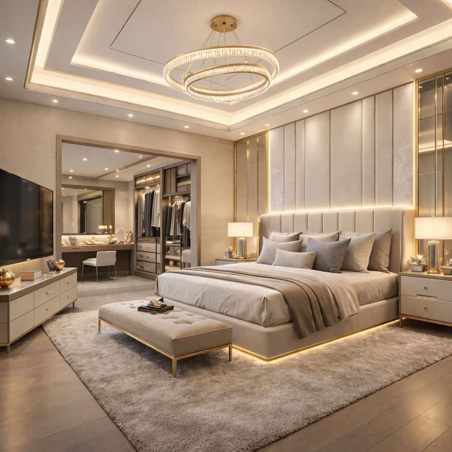 modern luxury bedroom with walk-in closet, LED ceiling lighting, neutral theme, stylish bed, and elegant interior design