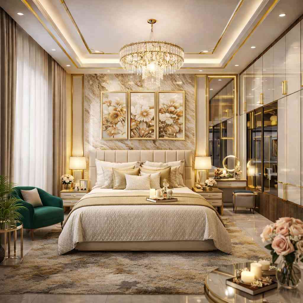 Luxury bedroom with gold accents, crystal chandelier, marble wall, stylish vanity, and elegant modern interior design.