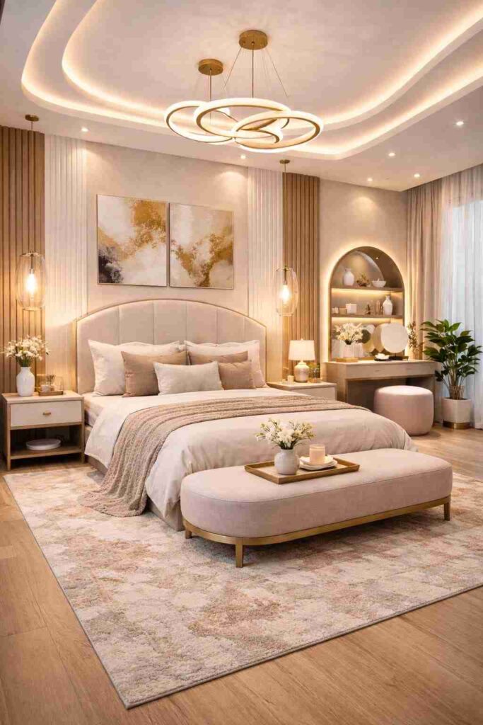 Modern luxury bedroom interior with soft neutral tones, elegant ceiling lighting, upholstered bed, stylish vanity setup, wooden accents, and cozy contemporary decor.