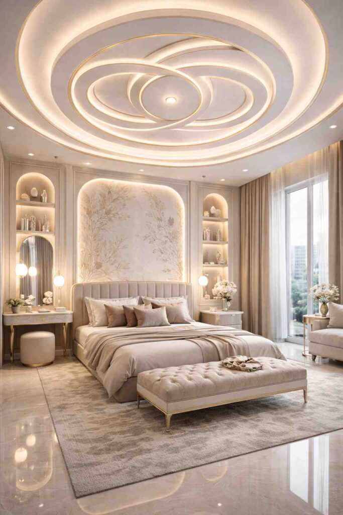 modern luxury bedroom interior design with LED ceiling, beige theme, premium decor, stylish bed setup, and natural lighting