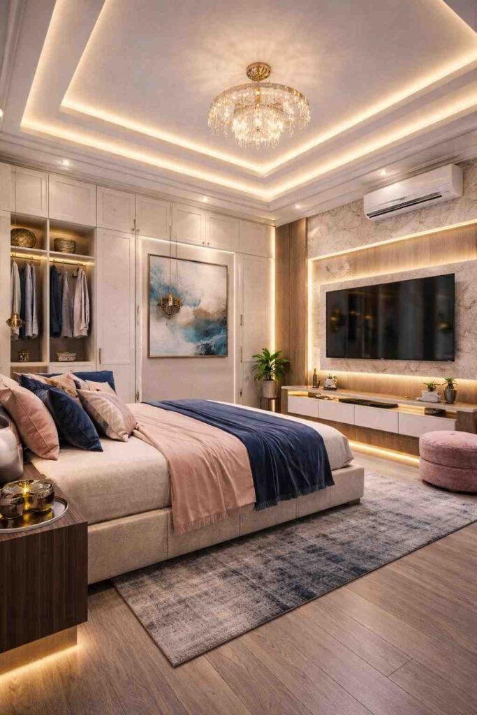 Modern luxury bedroom with LED ceiling design, marble TV wall, built-in wardrobe, plush bed, and warm ambient lighting.
