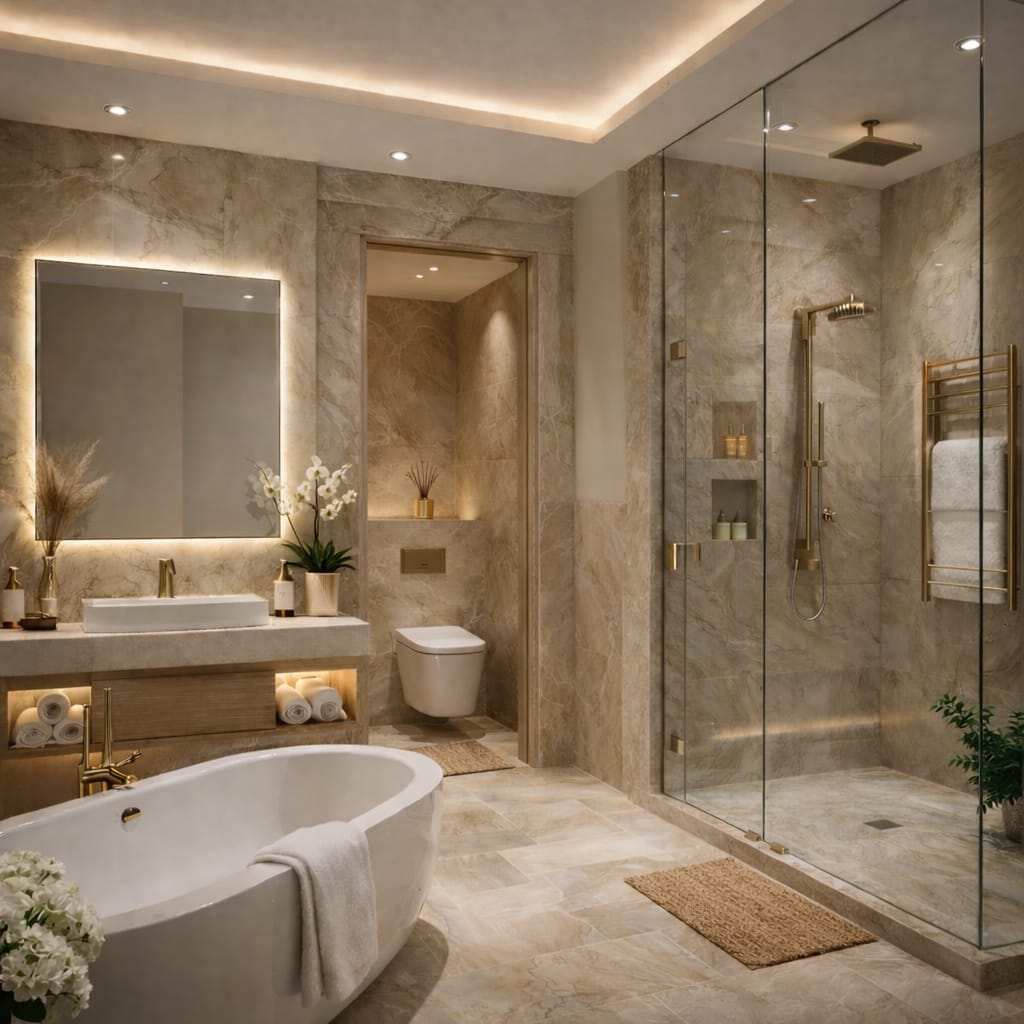 Luxury beige bathroom interior with freestanding bathtub, glass shower enclosure, marble walls, warm LED lighting, and elegant modern spa decor.