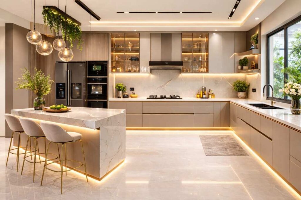 Bright modern luxury kitchen interior with marble island, soft beige cabinets, warm LED lighting, pendant lights, elegant seating, and contemporary décor.