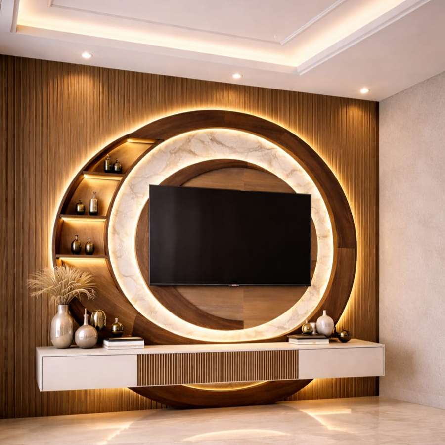 Modern circular TV wall unit with wooden panel design, marble texture, floating console, decorative shelves, and warm LED lighting in a luxury living room interior.