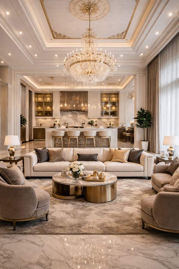 Elegant classic luxury living room interior with crystal chandelier, marble flooring, premium sofa set, warm lighting, and open kitchen design in a modern royal style.