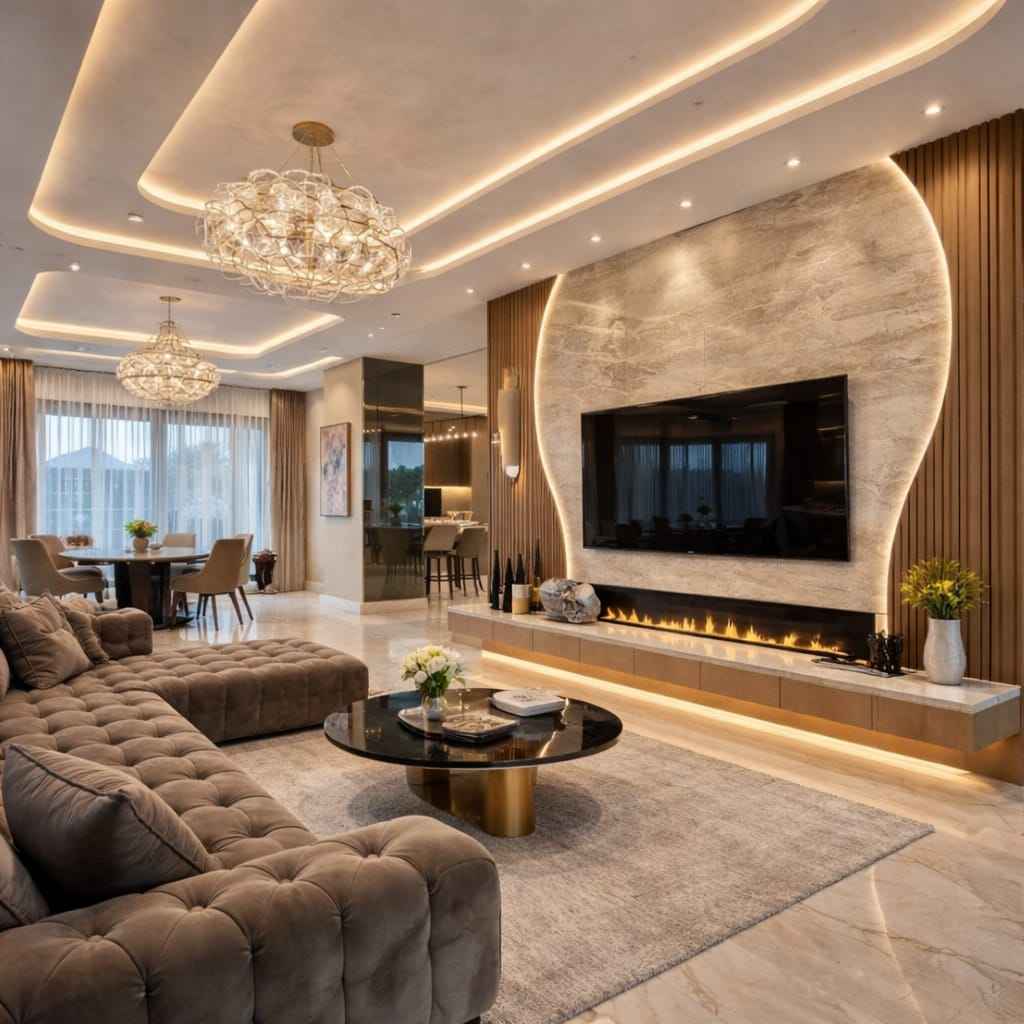 Modern luxury living room with LED ceiling design, marble TV wall, fireplace, tufted sofa, and elegant lighting.